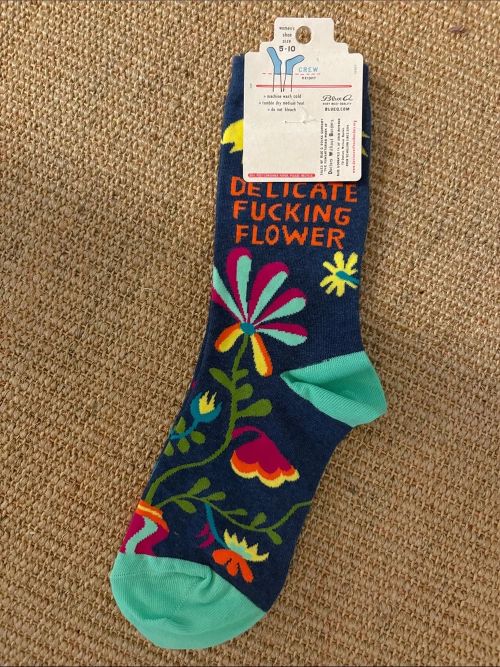 Blue Q navy floral crew socks w/ mint orange “I’m a delicate f*ckin flower” NWT
